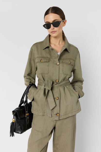 Women Safari Jacket Lyocell-Linen Blend - Khaki-Green