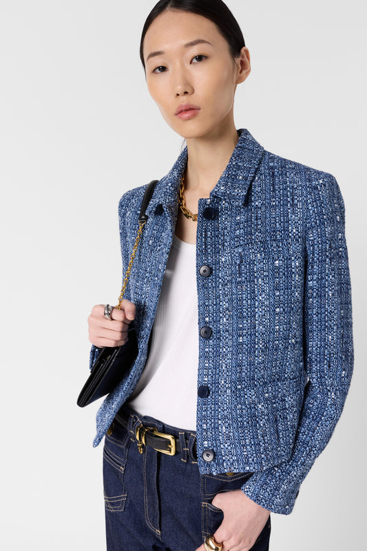 Women Jacket Wool Tweed With Silver Lurex - Indigo