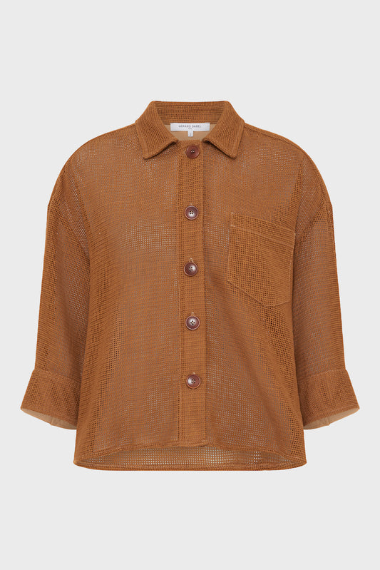 Women's Overshirt Cotton-Linen Blend Openwork - Camel Caramel