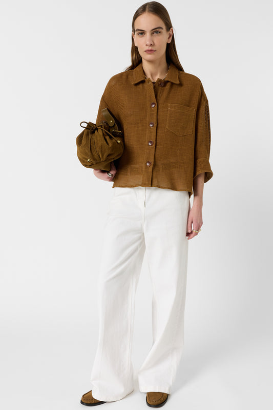 Women's Overshirt Cotton-Linen Blend Openwork - Camel Caramel