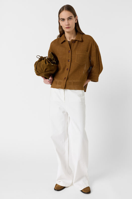 Women's Overshirt Cotton-Linen Blend Openwork - Camel Caramel