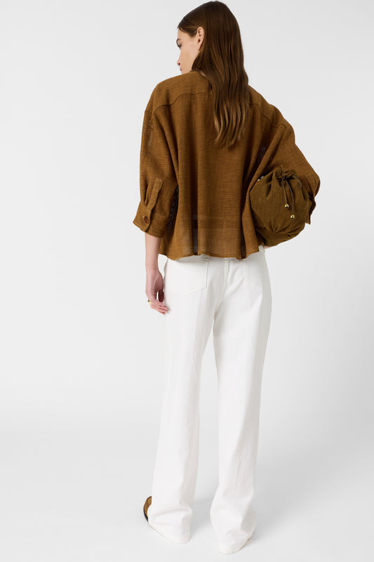 Women's Overshirt Cotton-Linen Blend Openwork - Camel Caramel