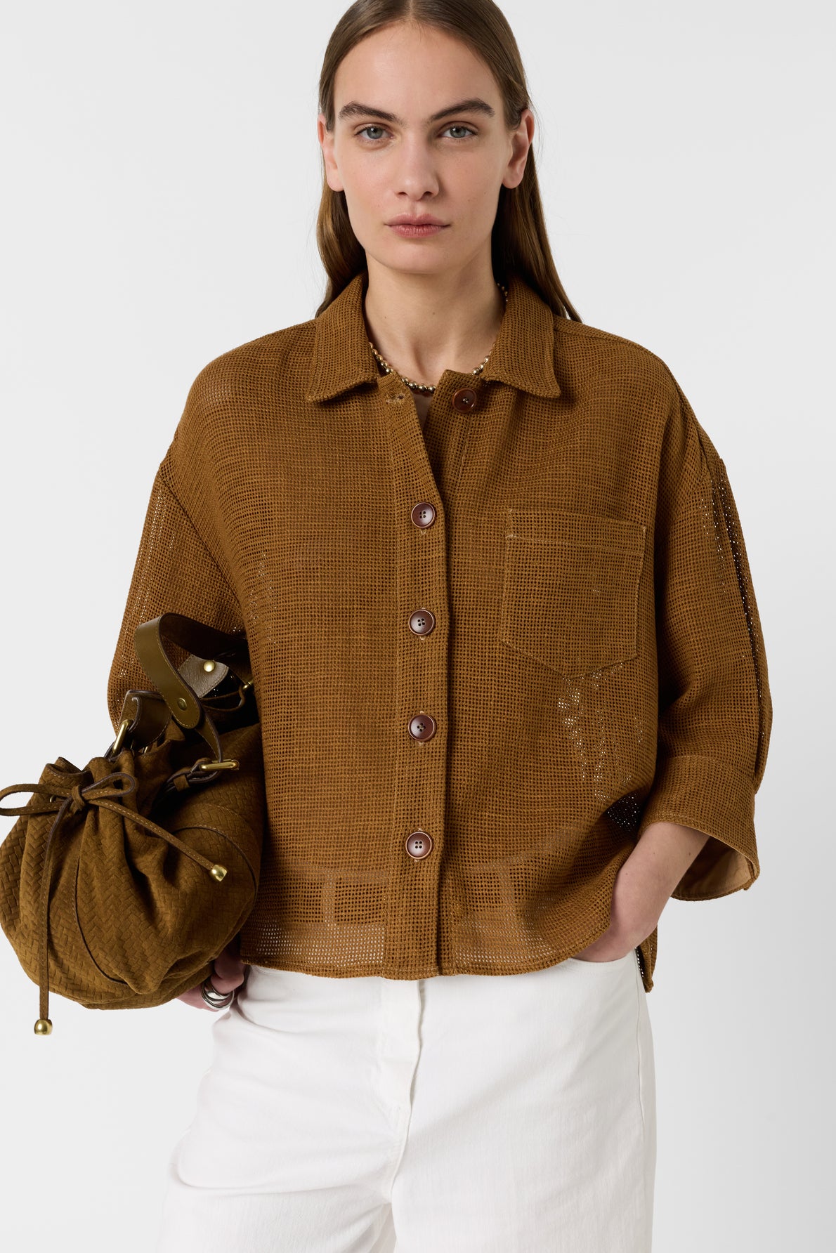 Women's Overshirt Cotton-Linen Blend Openwork - Camel Caramel