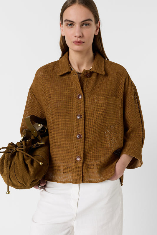 Women's Overshirt Cotton-Linen Blend Openwork - Camel Caramel