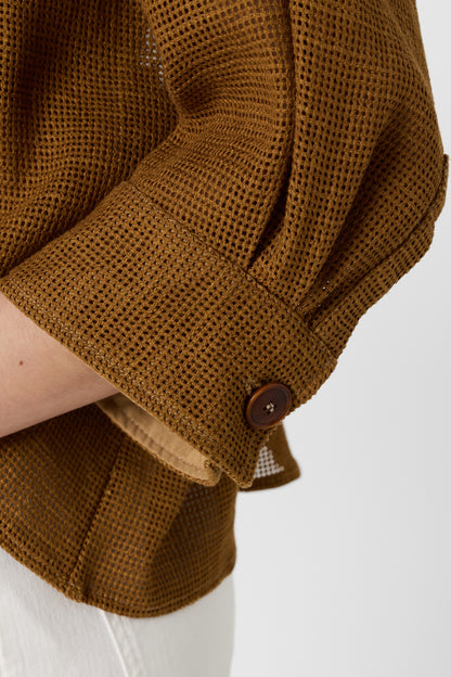Women's Overshirt Cotton-Linen Blend Openwork - Camel Caramel