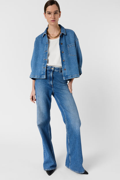 Women's Denim Button-Front Overshirt Jacket Denim - Blue