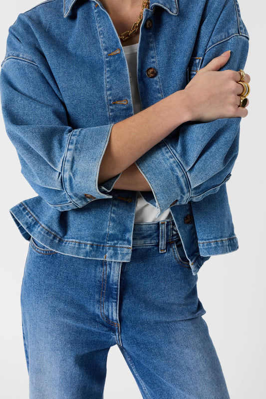 Women's Denim Button-Front Overshirt Jacket Denim - Blue