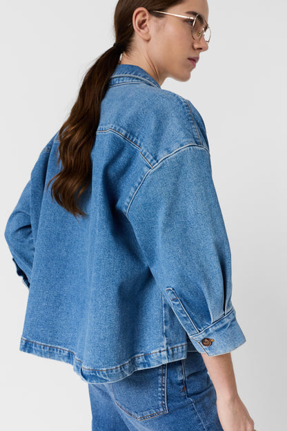 Women's Denim Button-Front Overshirt Jacket Denim - Blue