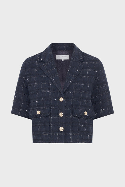 Women Tailored Suit Jacket Tweed Wool Blend - Navy