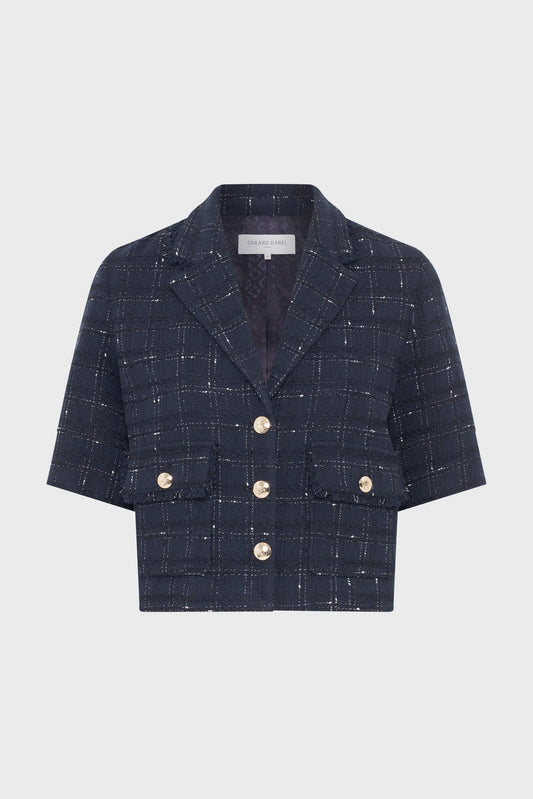 Women Tailored Suit Jacket Tweed Wool Blend - Navy