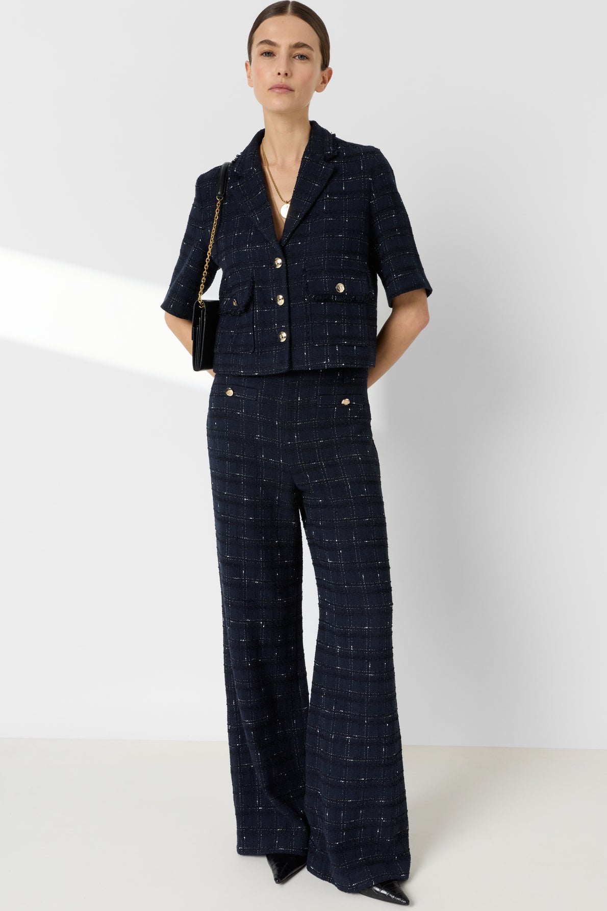 Women Tailored Suit Jacket Tweed Wool Blend - Navy