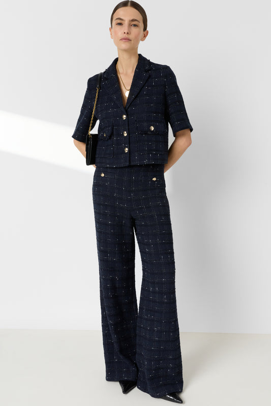 Women Tailored Suit Jacket Tweed Wool Blend - Navy