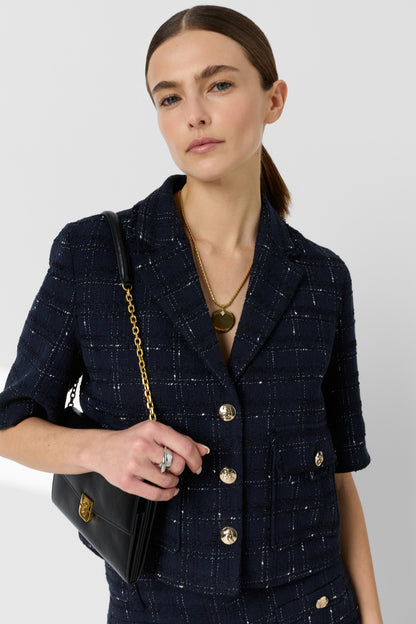 Women Tailored Suit Jacket Tweed Wool Blend - Navy