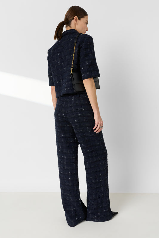 Women Tailored Suit Jacket Tweed Wool Blend - Navy