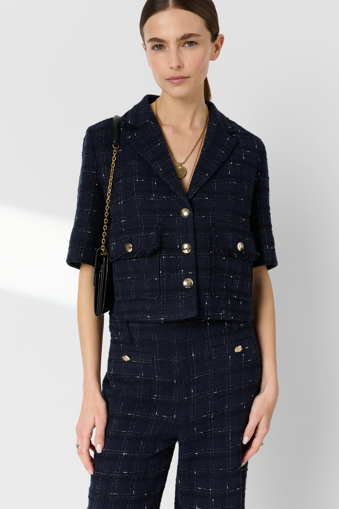 Women Tailored Suit Jacket Tweed Wool Blend - Navy