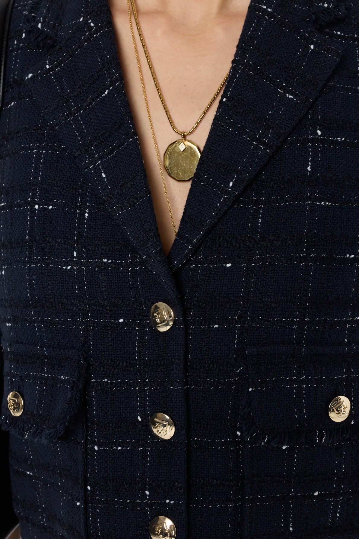 Women Tailored Suit Jacket Tweed Wool Blend - Navy