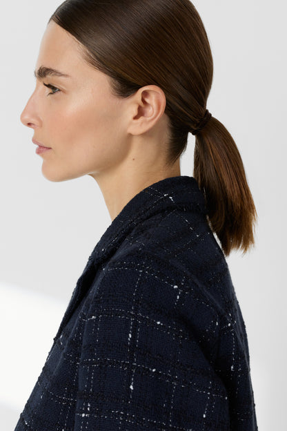 Women Tailored Suit Jacket Tweed Wool Blend - Navy