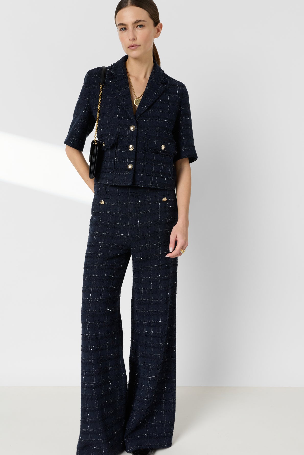 Women Tailored Suit Jacket Tweed Wool Blend - Navy