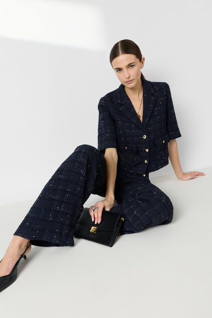 Women Tailored Suit Jacket Tweed Wool Blend - Navy