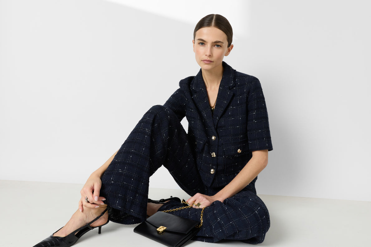 Women Tailored Suit Jacket Tweed Wool Blend - Navy