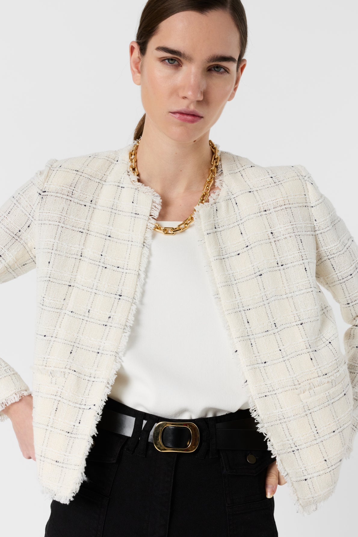 Women's Tailored Tweed Jacket Cotton Blend - Ecru