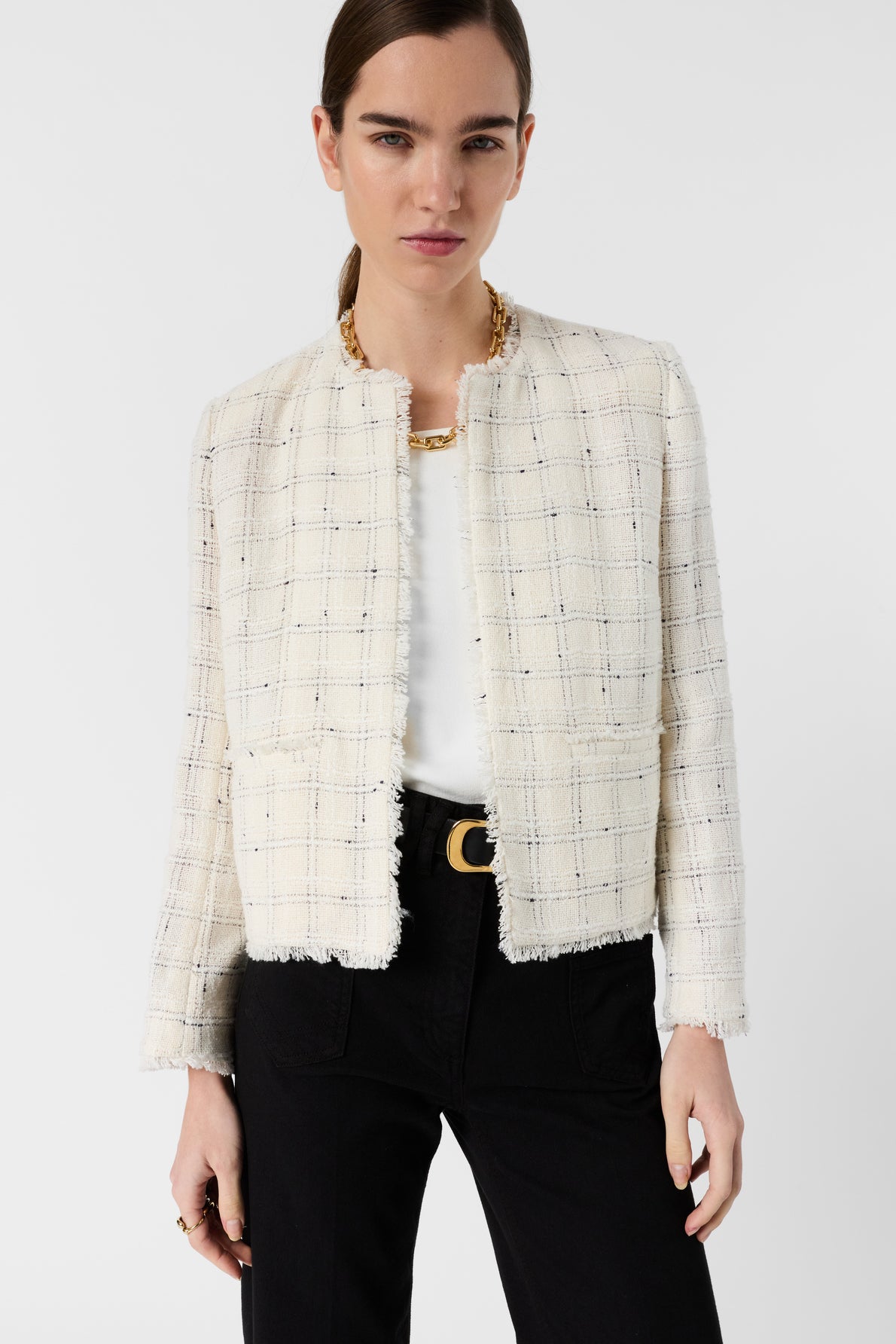 Women's Tailored Tweed Jacket Cotton Blend - Ecru