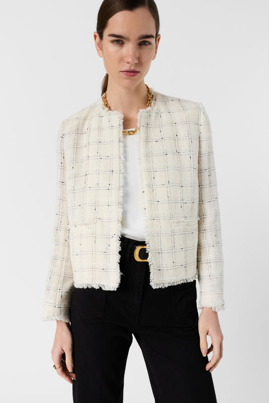 Women's Tailored Tweed Jacket Cotton Blend - Ecru