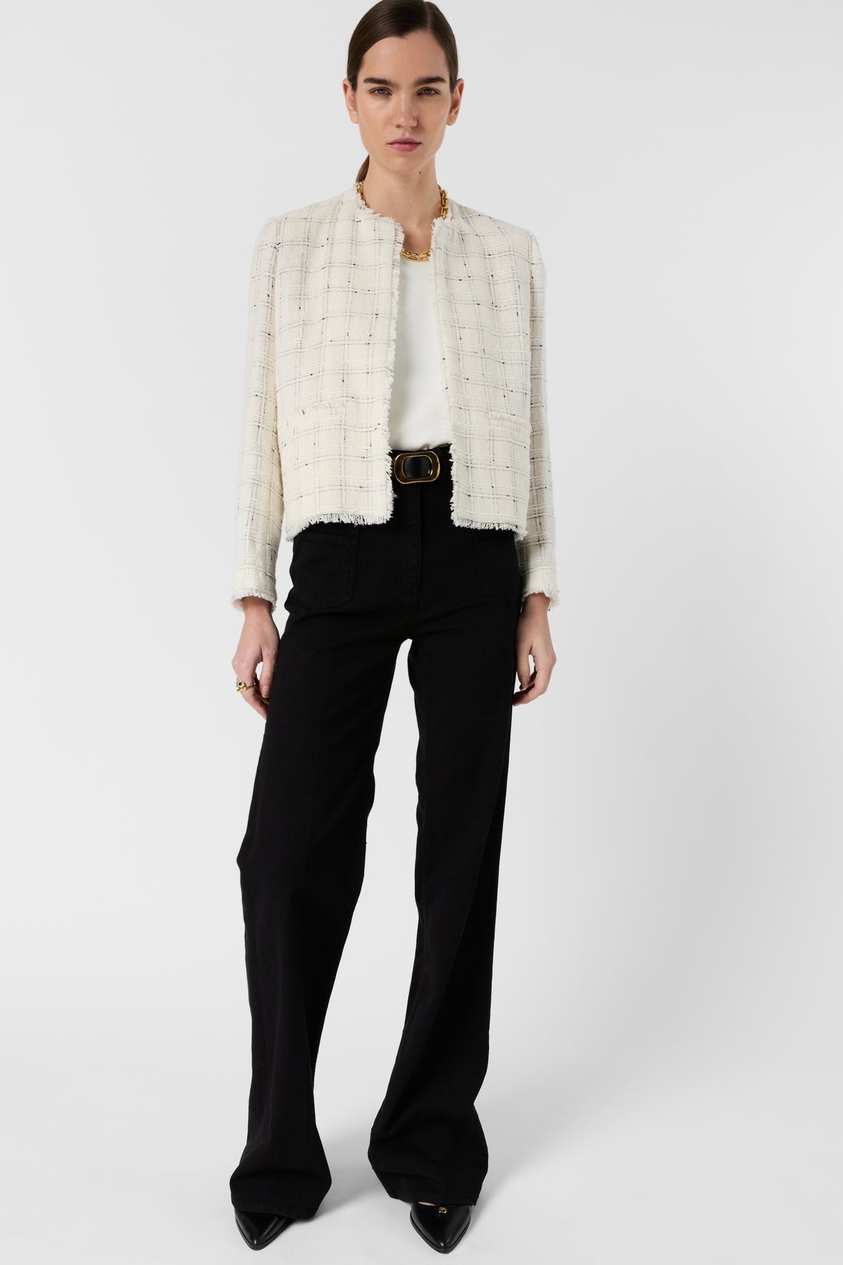 Women's Tailored Tweed Jacket Cotton Blend - Ecru