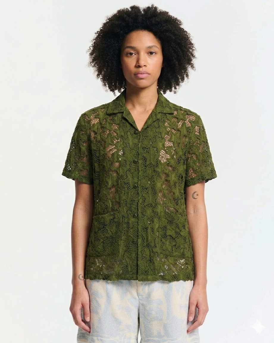 Women's Shirt Star Lace Texture 100% Cotton Poplin - Khaki Green-Khaki