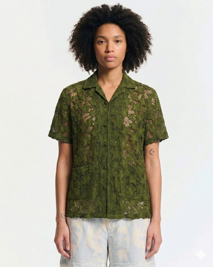 Women's Shirt Star Lace Texture 100% Cotton Poplin - Khaki Green-Khaki