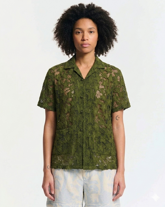 Women's Shirt Star Lace Texture 100% Cotton Poplin - Khaki Green-Khaki
