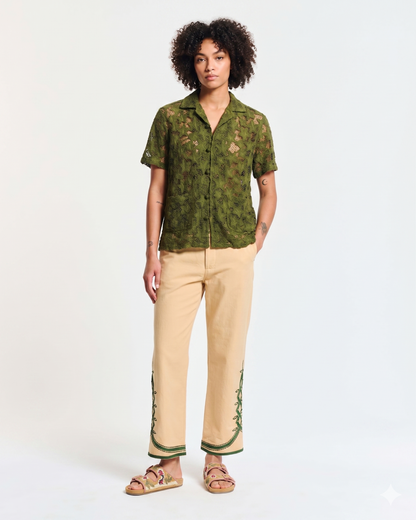 Women's Shirt Star Lace Texture 100% Cotton Poplin - Khaki Green-Khaki