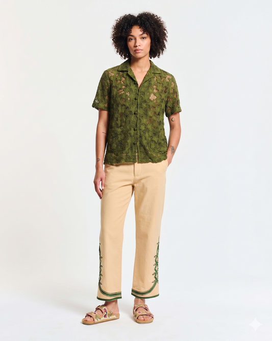 Women's Shirt Star Lace Texture 100% Cotton Poplin - Khaki Green-Khaki