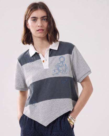 Garcon by Garcon | Striped Feather-Embroidered Polo - Blue-Grey Blue-Grey-Stripes