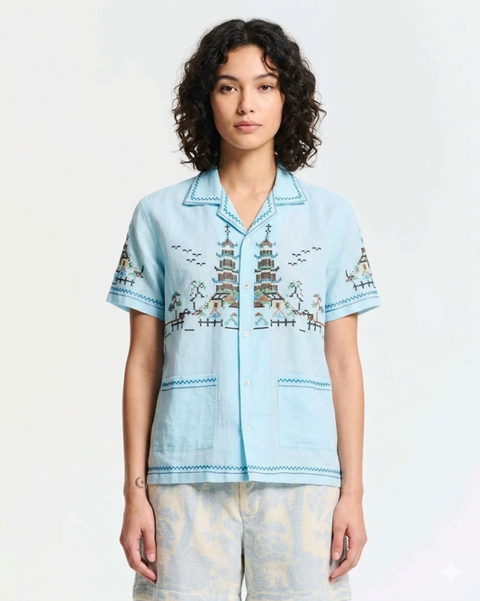 Women's Button-Down Shirt 100% Cotton Poplin With Soft Finish - Light Sky Blue Light-Blue