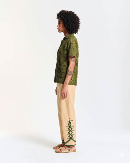 Women's Shirt Star Lace Texture 100% Cotton Poplin - Khaki Green-Khaki