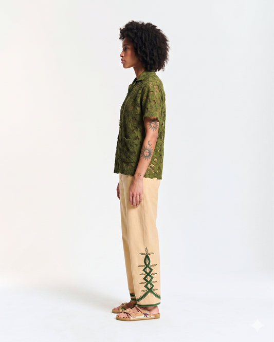 Women's Shirt Star Lace Texture 100% Cotton Poplin - Khaki Green-Khaki