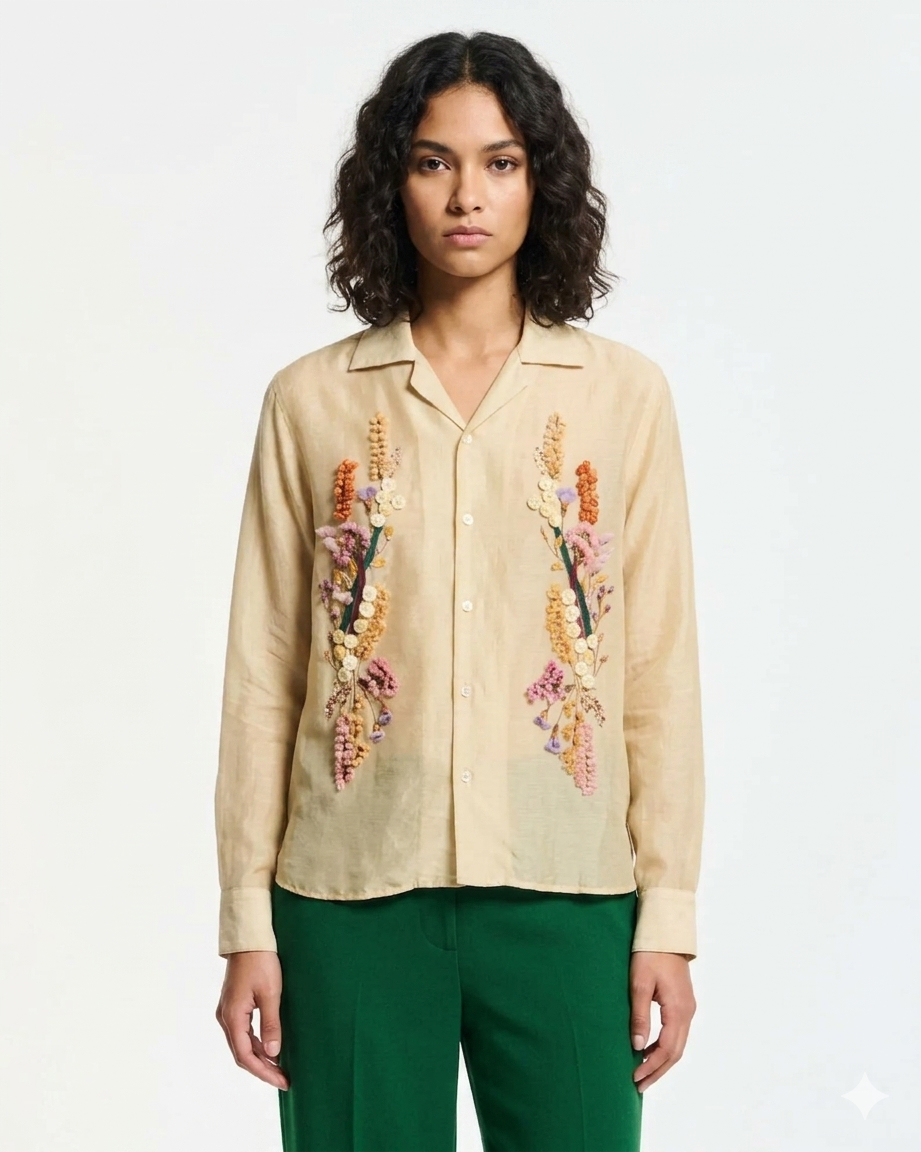Women's Embroidered Button-Down Blouse Cotton Silk Blend - Beige