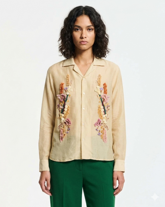Women's Embroidered Button-Down Blouse Cotton Silk Blend - Beige