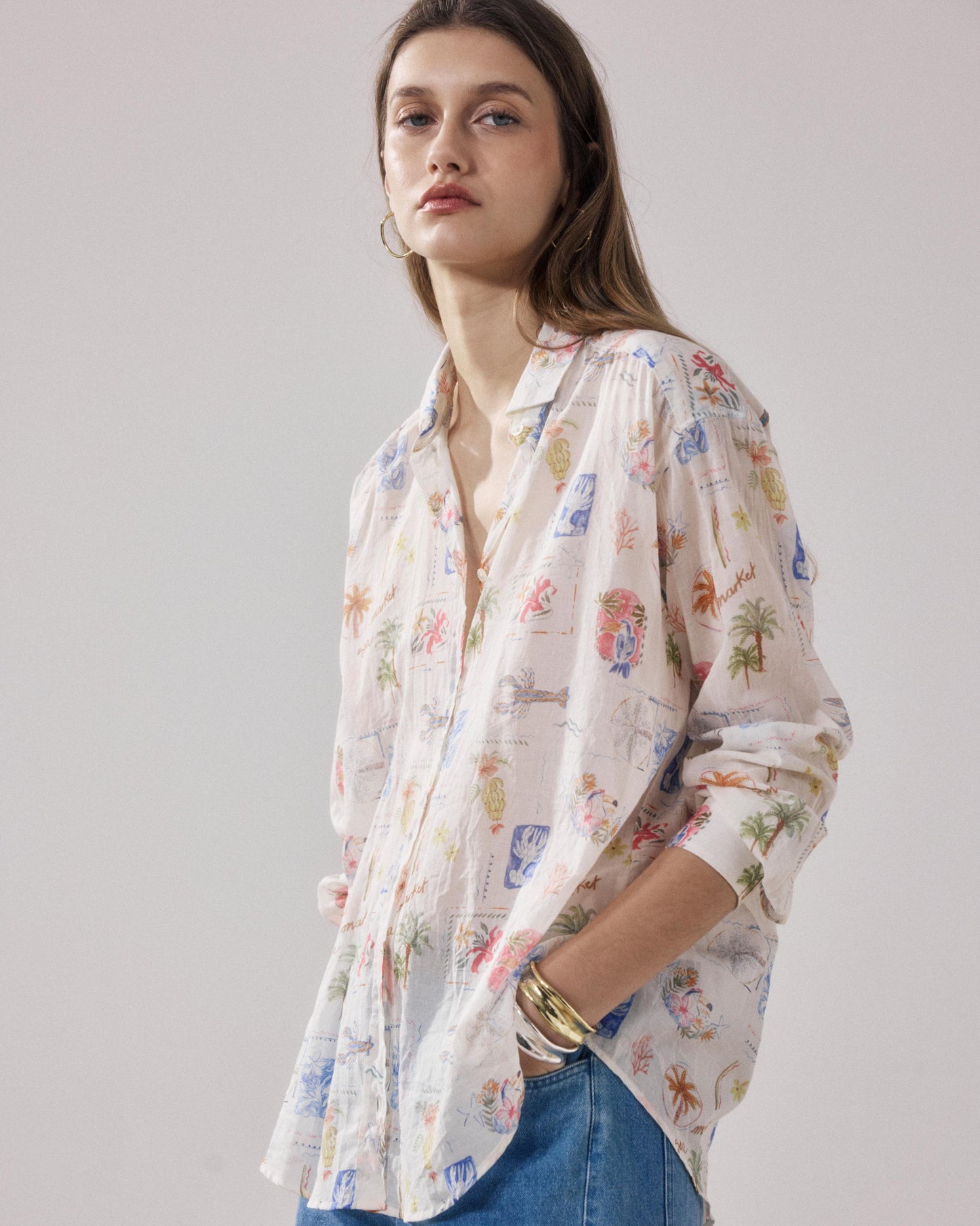 Women's Button-Down Blouse 100% Cotton Poplin - Raw White Multico 01-Raw-White-Multico