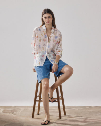 Women's Button-Down Blouse 100% Cotton Poplin - Raw White Multico 01-Raw-White-Multico