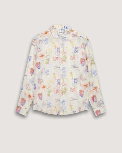 Women's Button-Down Blouse 100% Cotton Poplin - Raw White Multico 01-Raw-White-Multico