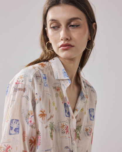 Women's Button-Down Blouse 100% Cotton Poplin - Raw White Multico 01-Raw-White-Multico