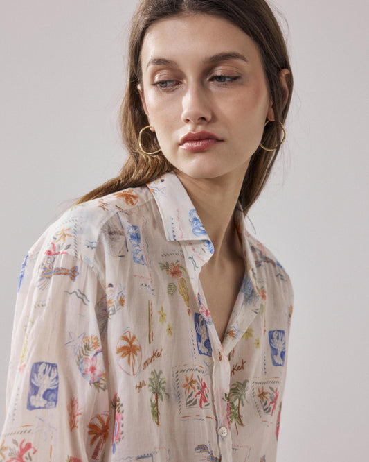 Women's Button-Down Blouse 100% Cotton Poplin - Raw White Multico