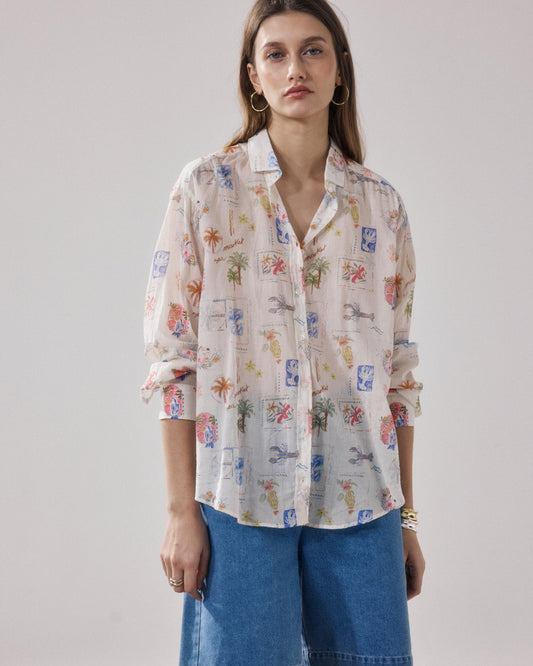 Women's Button-Down Blouse 100% Cotton Poplin - Raw White Multico