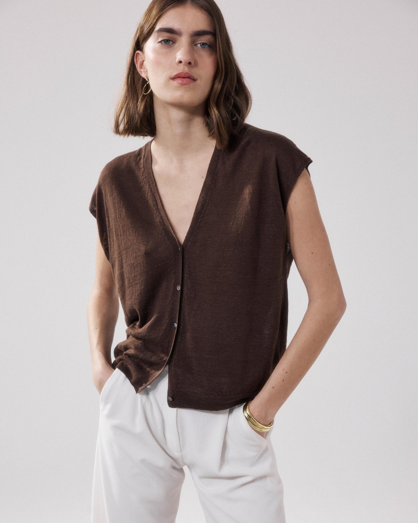 Women's Cardigan Merino Wool Blend Knit Fabric - Wood 05-Wood
