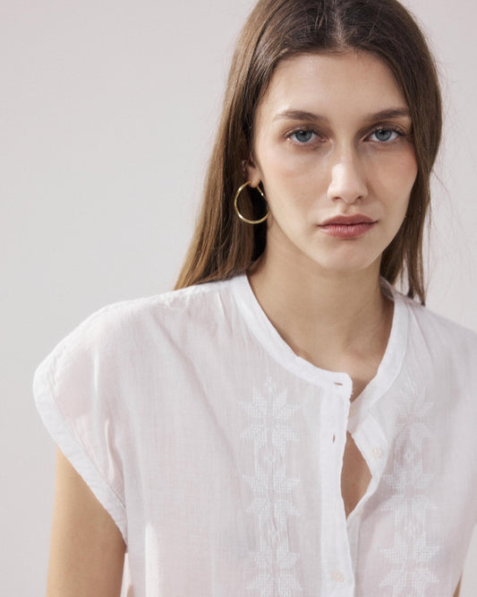 Women's Sleeveless Blouse - Cotton Bi-Fabric - White 01-White