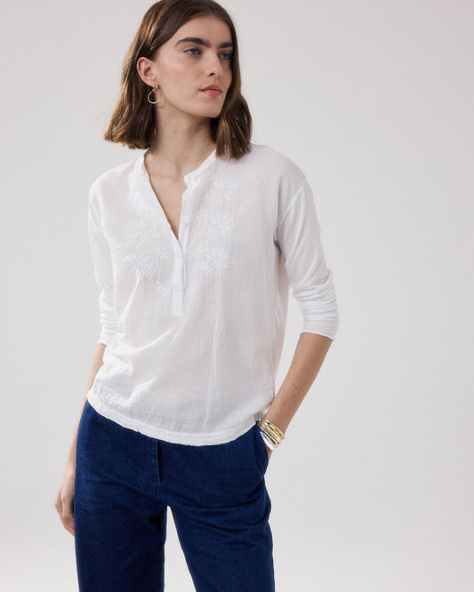 Women's Embroidered Button-Down Blouse Bi-Fabric Cotton - Sky 06-Sky