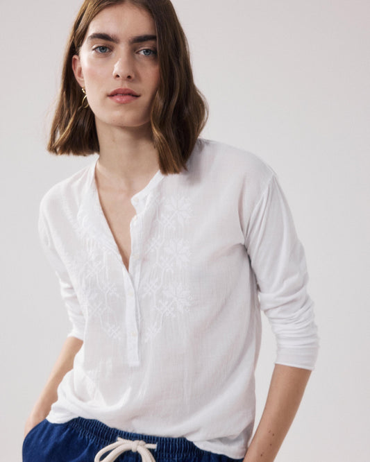 Women's Embroidered Button-Down Blouse Bi-Fabric Cotton - Sky 06-Sky