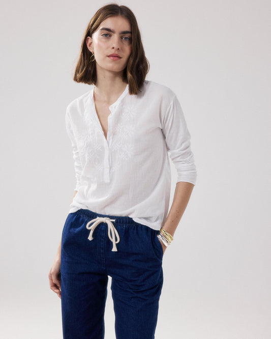 Women's Embroidered Button-Down Blouse Bi-Fabric Cotton - Sky 06-Sky